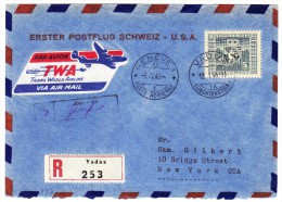 Erst Postflug Schweiz-USA  R-Brief 12.1.46 Vaduz Via 8.IV.46 Genf Nach New-York AK-Stempel 9.4.46 EF Zu#204 - Aéreo