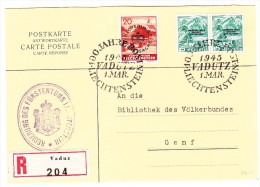 Dienst Schweiz Zu#72 In Paar + Dienst FL Zu#D23 Auf R-Antwortkarte 1.3.45 Vadutz Nach Genf (Stempel 100 J. Post FL) - Official