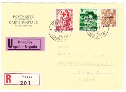 Mischfrankatur  FL + CH Dienstmarken Auf Eil R-Karte 28.XI.45 Vaduz Nach Genf - Dienstzegels