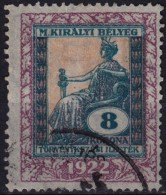 1922 Hungary - Judaical Tax - Revenue Stamp - 8 K - Used - Fiscale Zegels