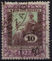 1922 Hungary - Judaical Tax - Revenue Stamp - 10 K - Used - Fiscale Zegels