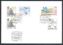 Sweden 1980 FDC Cover: Swedish Comic Strips _ Kronblom, Mandel Karlsson - Army Jockes; Adamson - Wordless Strip; Brum - Gebraucht