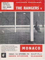 Official Football Programme RANGERS - MONACO European Cup ( Pre - Champions League ) 1961 1st Round - Habillement, Souvenirs & Autres