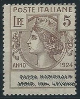 1924 REGNO PARASTATALI 5 LIRE MNH ** VARIETà DOPPIA STAMPA CERTIFICATO - ED698 - Franquicia