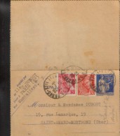 France -Entier Carte Lettre 65 C Paix En Complément Mercure(30c+5c) De Paris A Saint Amand Montrond En 1940  - 2/scans - Cartes-lettres