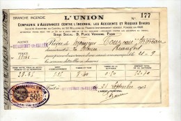 Reçu , L'UNION , 9 Place Vendome , Paris , Agence De Beaufort En Vallée , Maine & Loire , 1935 ,  Frais Fr : 1.80€ - Auto's