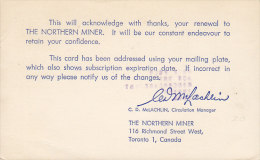 Canada Postal Stationery Ganzsache Entier 3 C Elizabeth Private Print THE NORTHERN MINER, Precancelled Card (2 Scans) - 1953-.... Reinado De Elizabeth II