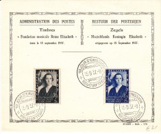 BELGIUM COVER FDC 15/09/1937 COB 456/57 REINE ELISABETH YSAYE - Briefe U. Dokumente