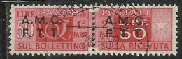 TRIESTE A 1947 1948 AMG - FTT ITALIA ITALY OVERPRINTED  PACCHI POSTALI LIRE 50 USATO USED OBLITERE' - Paquetes Postales/consigna