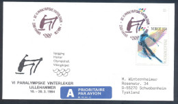 Norway 1994 Paralympic Games Airmail Priority Cover; Biathlon Paralympic Cancellation; Alpine Skiing Paralympic Stamp - Winter 1994: Lillehammer