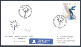 Norway 1994 Paralympic Games Airmail Priority Cover; Cross Country Skiing; Paralympic Logo Cancellation - Winter 1994: Lillehammer