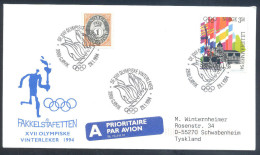 Norway 1994 Olympic Games Airmail Priority Cover; Torch Relay - Gjovik 28.1.1994 - Hiver 1994: Lillehammer