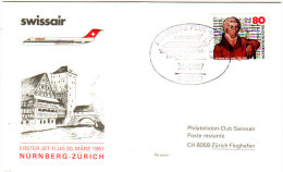 Nurnberg Zurich Nurenberg 1987 Par Swissair - Erstflug Inaugural Flight 1er Vol - Suisse RFA BRD - First Flight Covers