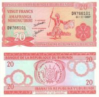 Burundi P27d, 20 Francs, Tribal Dancer With Spear / Arms, 2007 - Burundi