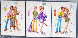 Cp LOT 3X Serie Litho Illustrateur Fracassi Couple Jeune Musique Guitare Lampion Fete Top - Collezioni E Lotti