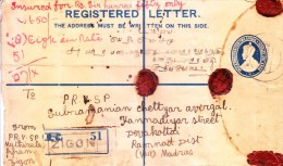 INDIA USED IN BURMA - 1932 REGISTERED POSTAL ENVELOPE BOOKED FROM ZIGON TO SOUTH INDIA, USE OF ADDITIONAL INDIAN STAMPS - Birmania (...-1947)