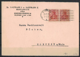 Deutsches Reich, Postkarte MiNr 2 X 197 (1922) Von Köln Nach Höchst Gelaufen - Cartas