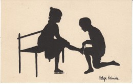 Helga Reinitz Artist Signed Silhouette, Boy And Girl Ice Skate, C1920s/30s(?) Vintage Postcard - Scherenschnitt - Silhouette