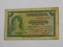 ESPAGNE. 5  Cinco Pesetas  - 1935  Banco De Espana **** EN ACHAT IMMEDIAT **** - 5 Peseten