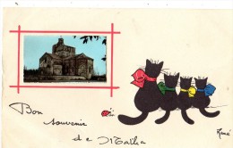 BON SOUVENIR DE MATHE CARTE FANTAISIE VUE DE L'EGLISE CHATS NOIRS SIGNE RENE - Matha