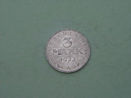 1922 A -  3 Mark / KM 29 ( Uncleaned Coin / For Grade, Please See Photo ) !! - 3 Mark & 3 Reichsmark