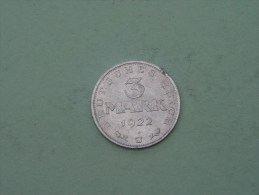 1922 J -  3 Mark / KM 29 ( Uncleaned Coin / For Grade, Please See Photo ) !! - 3 Marcos & 3 Reichsmark