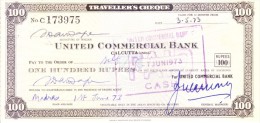 INDIA TRAVELLIER´S CHEQUE - USED - THE UNITED COMMERCIAL BANK LIMITED, CALCUTTA - 100 RUPEES - 1973 - Assegni & Assegni Di Viaggio