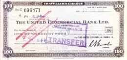 INDIA TRAVELLIER´S CHEQUE - USED - THE UNITED COMMERCIAL BANK LIMITED, CALCUTTA - 100 RUPEES - 1970 - Assegni & Assegni Di Viaggio