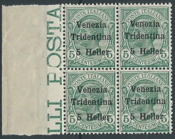 1918 TRENTINO EFFIGIE 5 H QUARTINA MNH ** - ED760-3 - Trentino