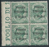 1918 TRENTINO EFFIGIE 5 H QUARTINA MNH ** - ED764-2 - Trentino