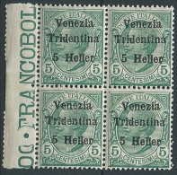 1918 TRENTINO EFFIGIE 5 H QUARTINA MNH ** - ED767-3 - Trento