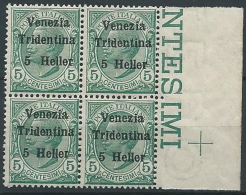 1918 TRENTINO EFFIGIE 5 H QUARTINA MNH ** - ED768 - Trento