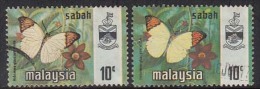 10c X 2 Diff., Print, Litho & Photo, Sabah Used 1971, 1977, Butterfly, Insect, Malaysia - Sabah