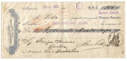 Alessandria 20 Luglio 1922 Assegno Bancario 985 Lire A. Benedetti & C.  Doc.018 - Schecks  Und Reiseschecks