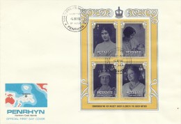 Penrhyn 1986 Queen Mother 85th Birthday Souvenir Sheet FDC - Penrhyn