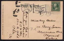 C0370 USA 1911, Postcard To England With US Railway Station Postmark & UK Postage Due Mark - Lettres & Documents