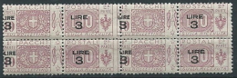 1923-25 REGNO PACCHI POSTALI 3 SU 10 QUARTINA VARIETà SOPRASTAMPA MNH ** - ED775 - Postal Parcels