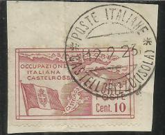 CASTELROSSO 1923 OCCUPAZIONE DELL´ISOLA CENT. 10 TIMBRATO SU FRAMMENTO USED ON PAPER - Castelrosso