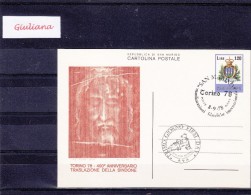 Rep. San Marino 1978- Cartolina Postale L. 120 Sacra Sindone Annullo Speciale Torino '78 - Entiers Postaux