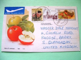 South Africa 1986 Pre Paid Postcard To England - Fruits - Apple - Flowers Protea - City Hall - Storia Postale