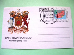 South Africa 1991 Cancelled Pre Paid Postcard - Map - Arms - Lion - Woman With Anchor - Storia Postale