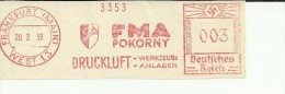 ALEMANIA FRANKFURT RECORTE FRANQUEO MECANICO 1938 FMA POKORNY COMPRESORES - Frankeermachines (EMA)