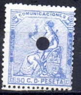 SPAIN 1874  Allegorical Figure Of  Peace  -   50c. - Blue   TELEGRAPH USED - Used Stamps