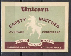 Etiqueta Safety Matches . Cerillas De Precision UNICORN - Otros & Sin Clasificación