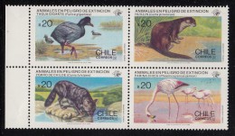 Chile MNH Scott #693 Block Of 4 Wolf, Flamingo, Duck, Otter - Endangered Species - Flamingo