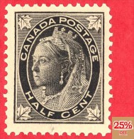 Canada #  66 - Half Cent  - Mint - Dated  1897-98 - Queen Victoria Maple Leaf Issue /  Émission Feuille D'Érable - Unused Stamps