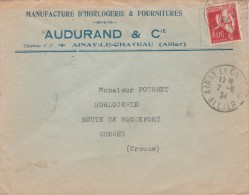 PAIX 50C SUR ENVELOPPE MANUFACTURE D HORLOGERIE AUDURAND AINAY LE CHATEAU POUR GUERET 1934 - Horlogerie