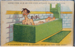 Litho Humour Bilingue Caricature Illustrateur Belge Homme Laid Fesses Nu Dans Baignoire Coup De Foudre  S'il Se Leve - Humor