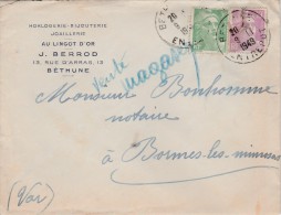 GANDON 5+10F SUR LAC HORLOGERIE BIJOUTERIE AU LINGOT D OR BETHUNE 9/11/49 POUR BORMES - Horlogerie