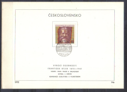 Czechoslovakia FIRST DAY SHEET  Mi 2073-2078 Famous Persons Hudecek Preisler Sladkovic 1972 - Storia Postale